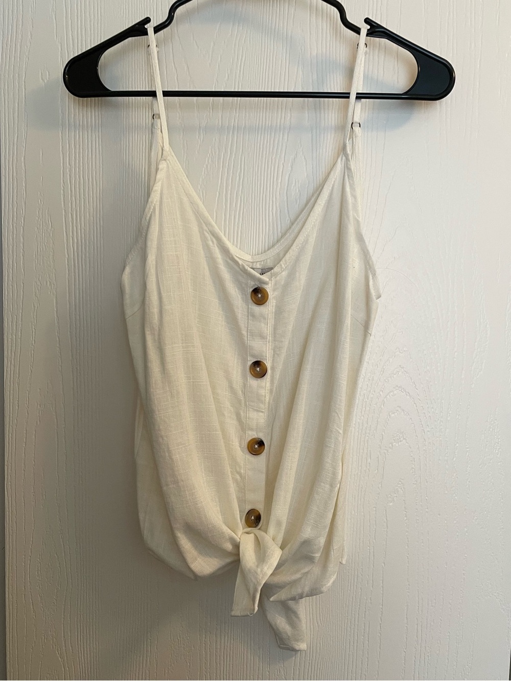 Hayden white linen tie able spaghetti strap shirt with buttons Adjustable straps